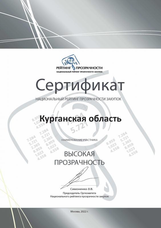 Курганская область получила оценку «Высокая прозрачность» в категории «Региональные заказчики» проекта «Национальный рейтинг прозрачности закупок 2022»